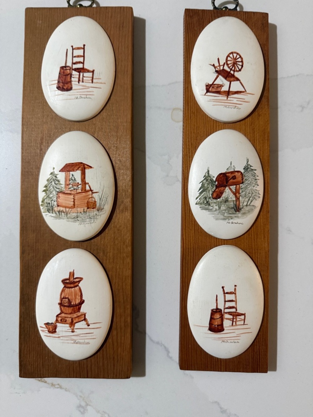 Rustic Ceramic Wall Plaque Set with Hand-Painted Country Scenes